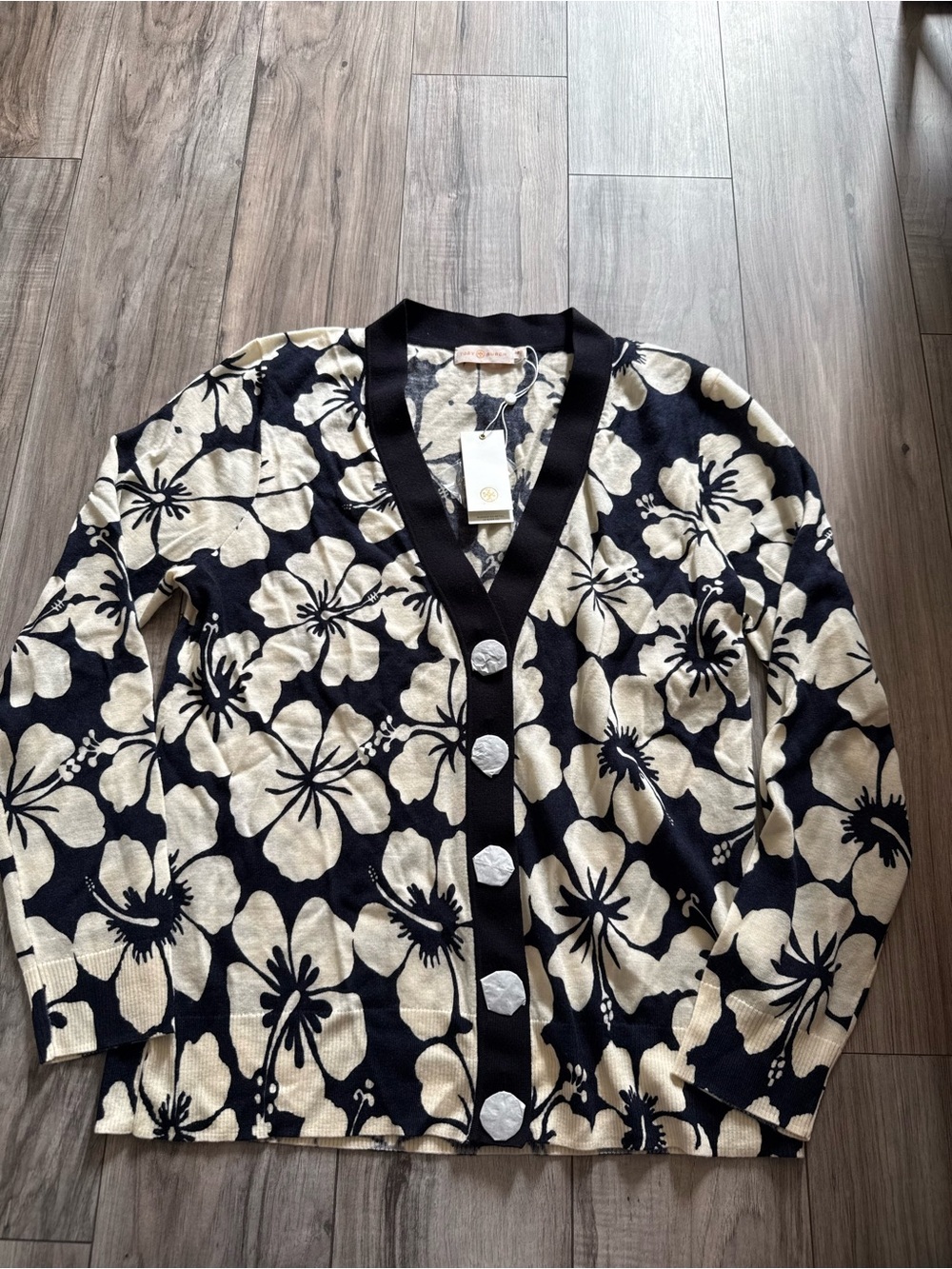 Tory Burch Black and Cream Floral Cardigan merino wool size XL brand new